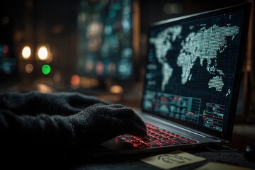 A hacker's gloved hands typing on a laptop with a world map screen.
