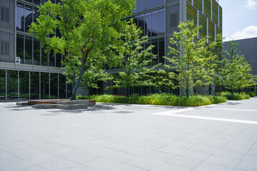 empty brick ground with modern building