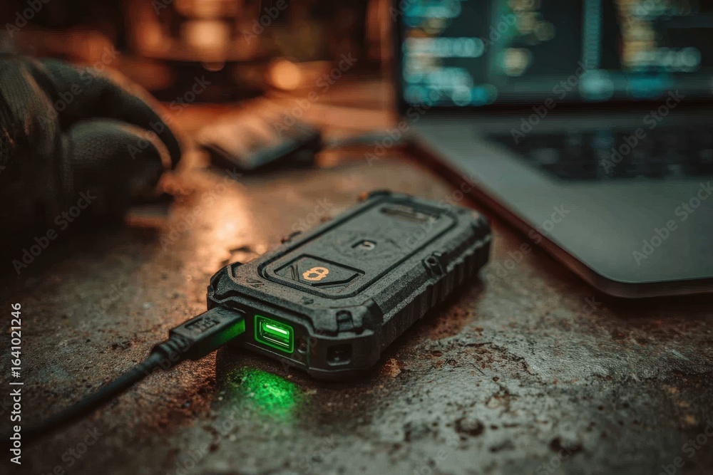 Poster rugged external hard drive connected to a laptop for secure data transfer.