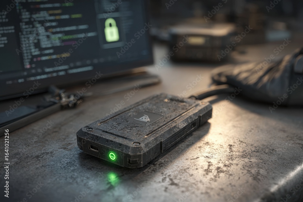 Poster robust encrypted data drive next to screen showing cybersecurity code.