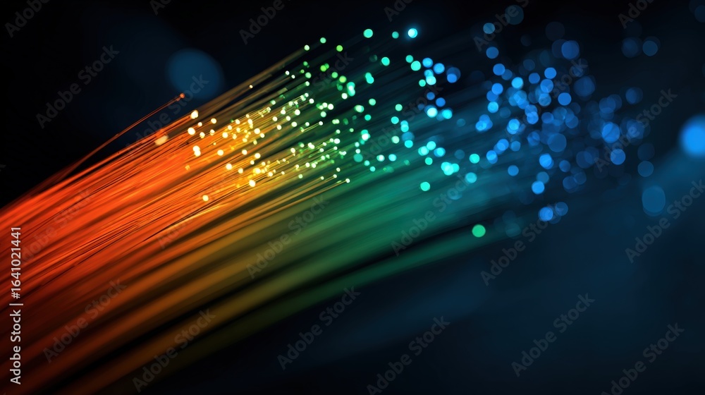 Poster fiber optic cables transmitting data with colorful light effects for high-speed internet and network