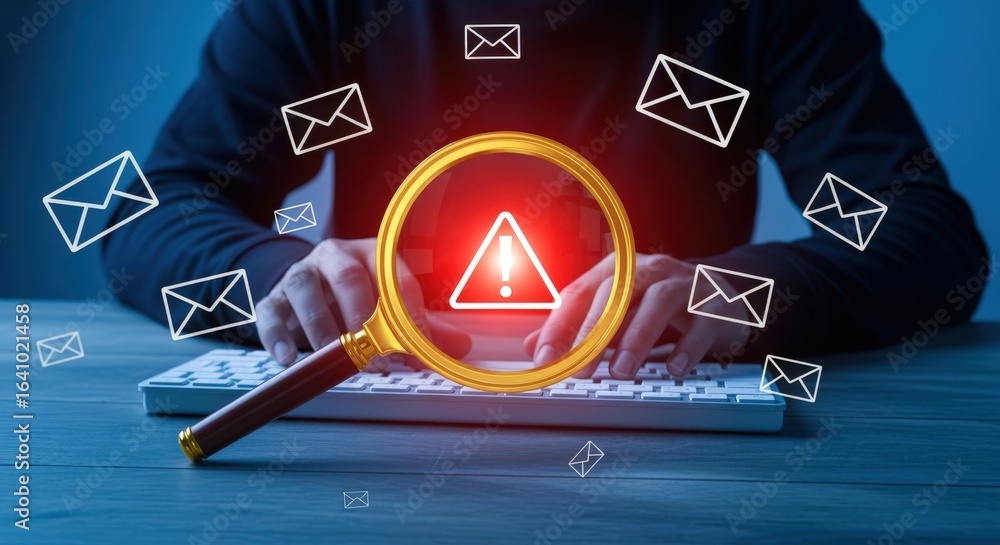Poster email security concept: person typing on keyboard with alert seen through magnifying glass