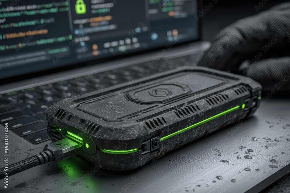 Poster rugged external hard drive plugged into laptop, displaying data security code.