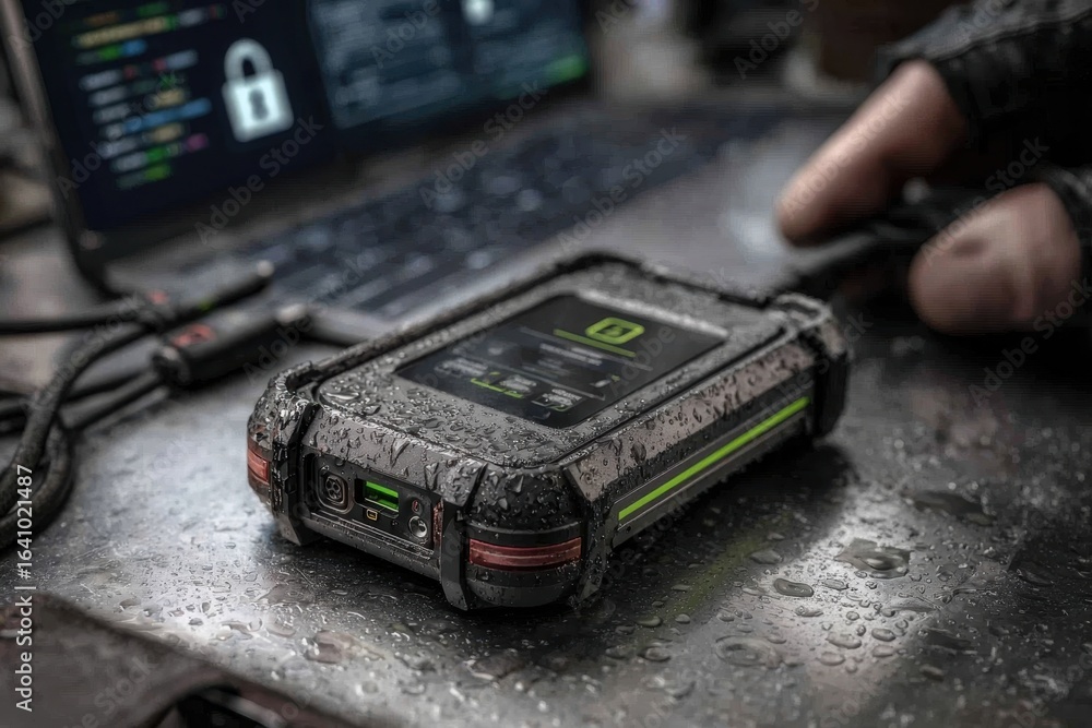 Poster rugged external data storage on wet surface, laptop with security lock.