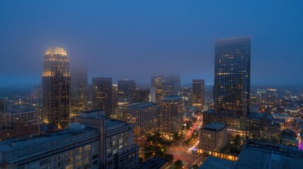 Fototapeta premium City Skyline at Dusk: Urban Landscape with Skyscrapers and Evening Illumination, Creating a Dramatic Silhouette