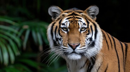 Majestic Tiger Staring Intently at the Camera in a Lush Forest Setting with Striking Orange and Black Fur Capturing the Raw Power of Nature