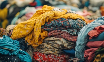Heap of clothes discarded in a landfill, symbolizing the environmental impact of fast fashion and the need for sustainable fashion alternatives, Generative AI