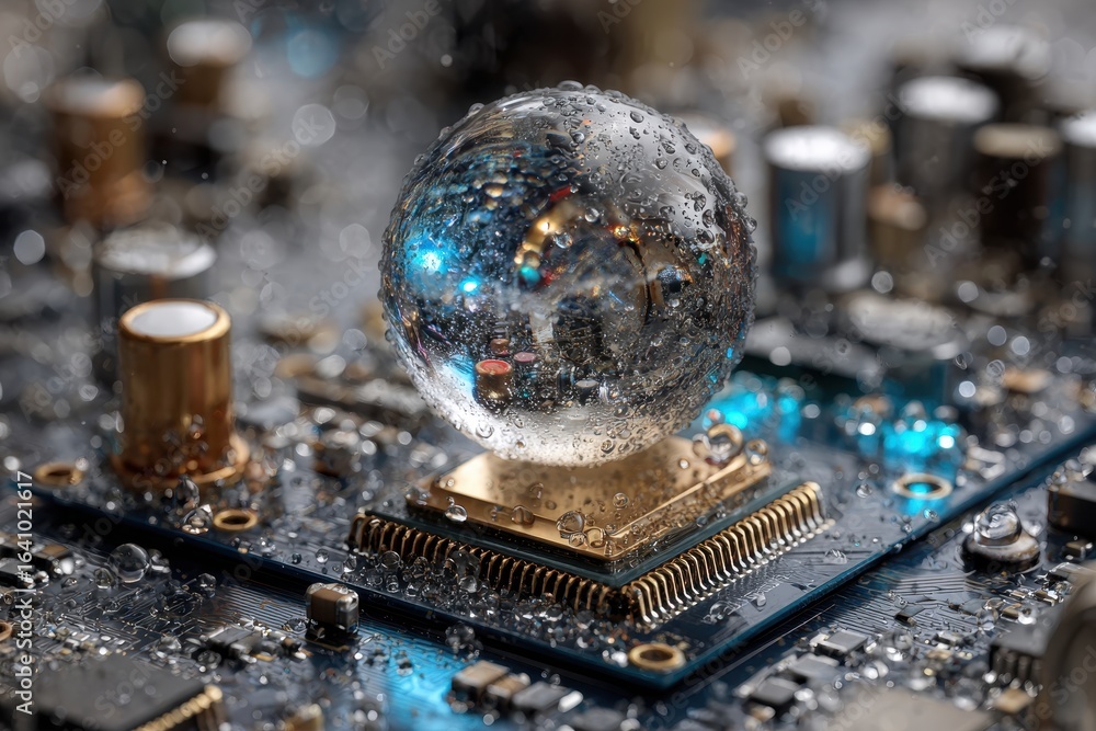 Poster abstract view of a clear sphere with water droplets on a glowing circuit board.