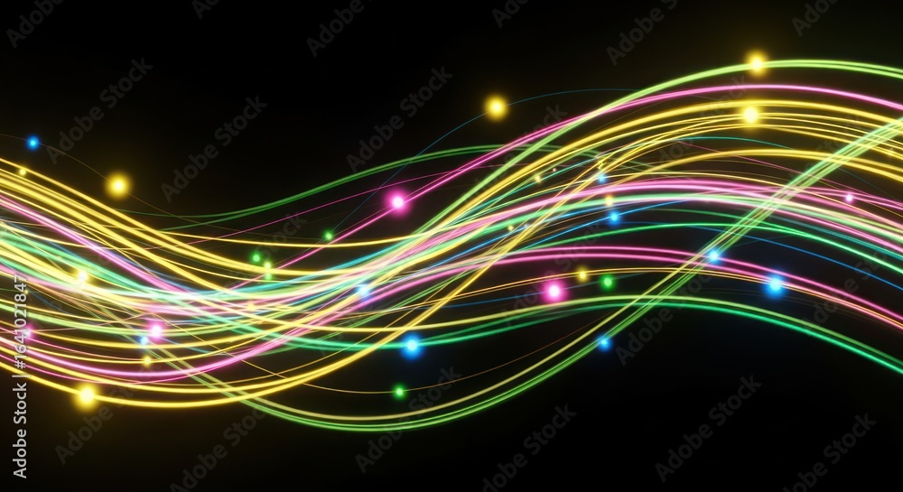 Poster colorful light streaks in a dynamic wave pattern against a stark black background