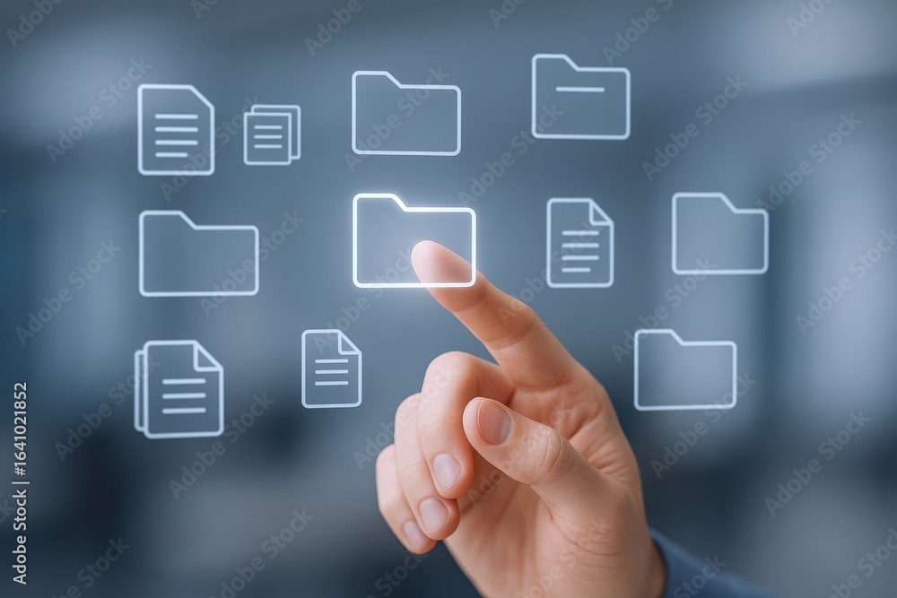 Poster digital document management: hand interacting with virtual folders and files on a transparent interf