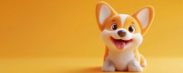 Cute, fluffy cartoon orange corgi puppy with dot eyes, red tongue sticking out in a playful stance, captured in a minimalistic 3D style, Generative AI