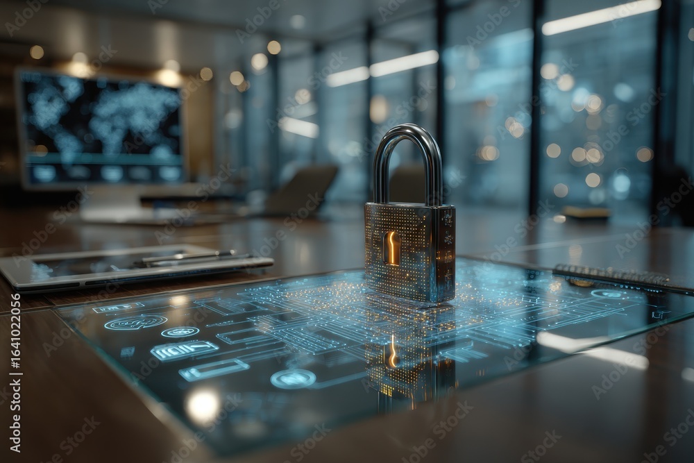 Poster advanced digital padlock securing data on a transparent screen in a tech office.