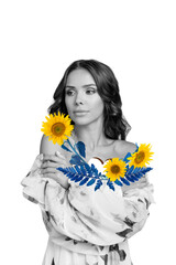 Vertical collage portrait of black white effect charming ukrainian girl arms embrace shoulders...