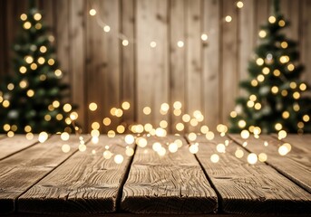 Festive christmas trees with warm bokeh lights on a rustic wooden table, perfect for holiday greetings and winter celebrations