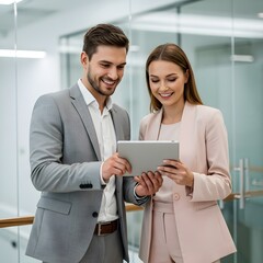 Smiling business colleagues collaborating on a tablet in a modern office