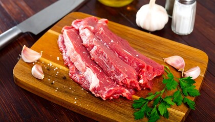 Raw Steak Slices with Garlic, Parsley, and Salt on Wooden Cutting Board