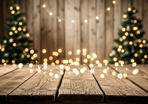 Festive christmas trees with warm bokeh lights on a rustic wooden table, perfect for holiday greetings and winter celebrations