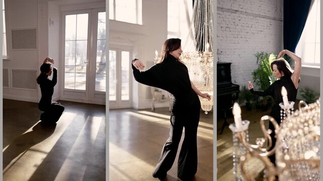 Graceful poses by the window, the contour light draws a silhouette. A black dress, a glass chandelier and a luxurious interior create an elegant mood.
