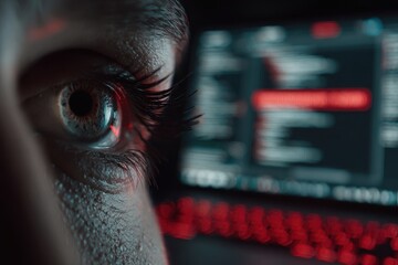 Intense human eye reflecting blurred digital code on a computer screen.