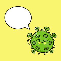A charming cartoon virus character with a speech bubble on a yellow background.