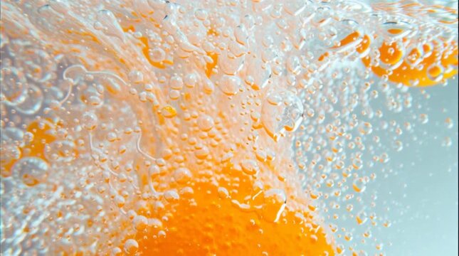 A vibrant, energetic close-up of an orange-colored vitamin effervescent tablet dissolving in water, creating lively fizzing bubbles and swirling bright orange liquid, highlighting the dynamic motion