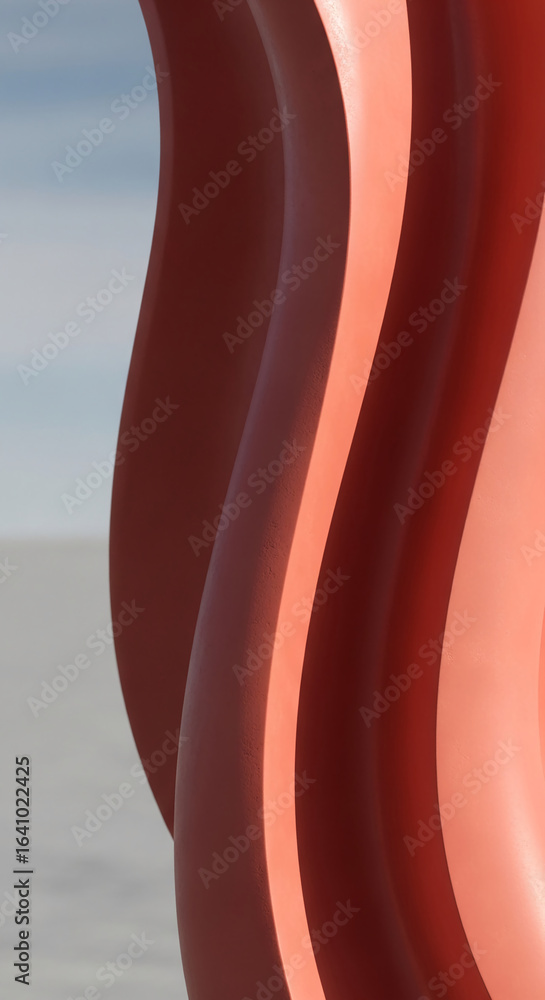 Poster close-up of coral-colored, curved abstract forms creating a smooth texture, showcasing a modern and 