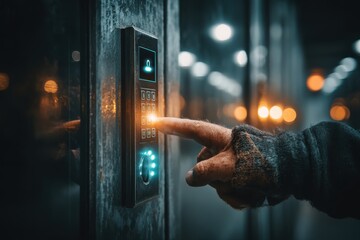 Hand pressing illuminated security keypad for secure access in a modern building with bokeh lights.