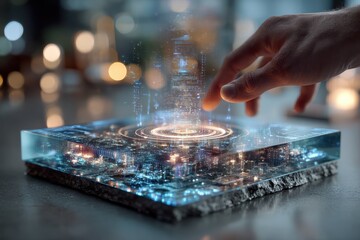 A hand interacts with a glowing futuristic smart city holographic data projection