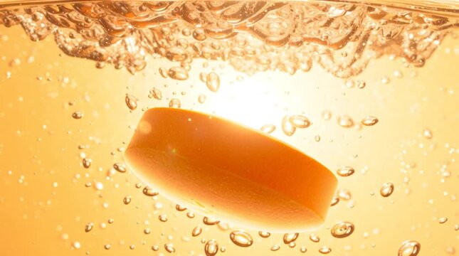 A vibrant, energetic close-up of an orange-colored vitamin effervescent tablet dissolving in water, creating lively fizzing bubbles and swirling bright orange liquid, highlighting the dynamic motion