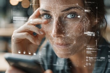 Woman's face with digital mesh, symbolizing facial recognition and AI security.