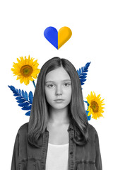 Vertical collage image of black white effect girl ukraine flag colors heart symbol sunflowers...