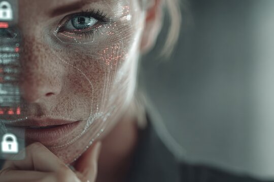 Woman's face with digital data and patterns, symbolizing AI, tech, and security.