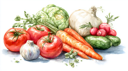 Watercolor illustration of assorted vegetables in white background