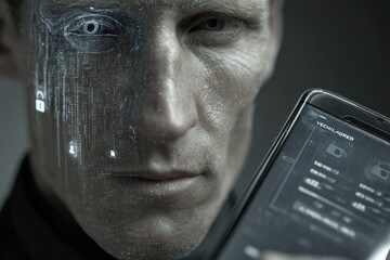 Cyborg or AI human face with data flowing and a futuristic smartphone interface.