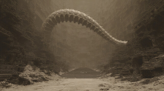 Giant monster skeleton bridge in misty mountain cave. Dark fantasy landscape with ancient fossil remains. Mysterious prehistoric creature artwork for game design concept