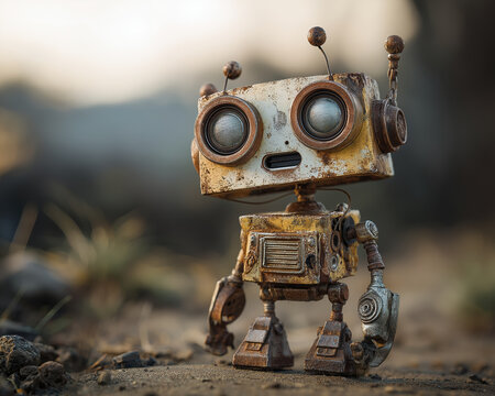 Cute robot made of old parts looks lonely. His big eyes express sadness as he stands on ground - Powered by Adobe