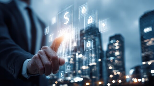 Digital Financial Technology Concept: Businessman Interacting with Currency Icons in a Futuristic Urban Setting