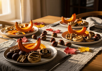 Grilled Pumpkin and Mushrooms with Chestnuts on Autumn Table