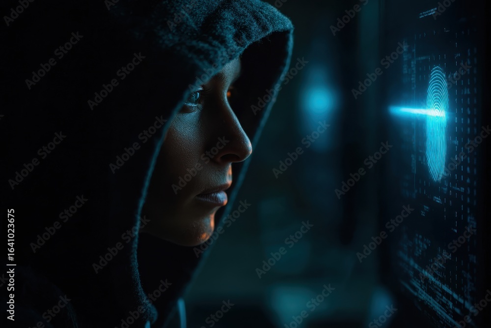 Poster mysterious hooded figure observes a glowing digital fingerprint scan on a dark screen.
