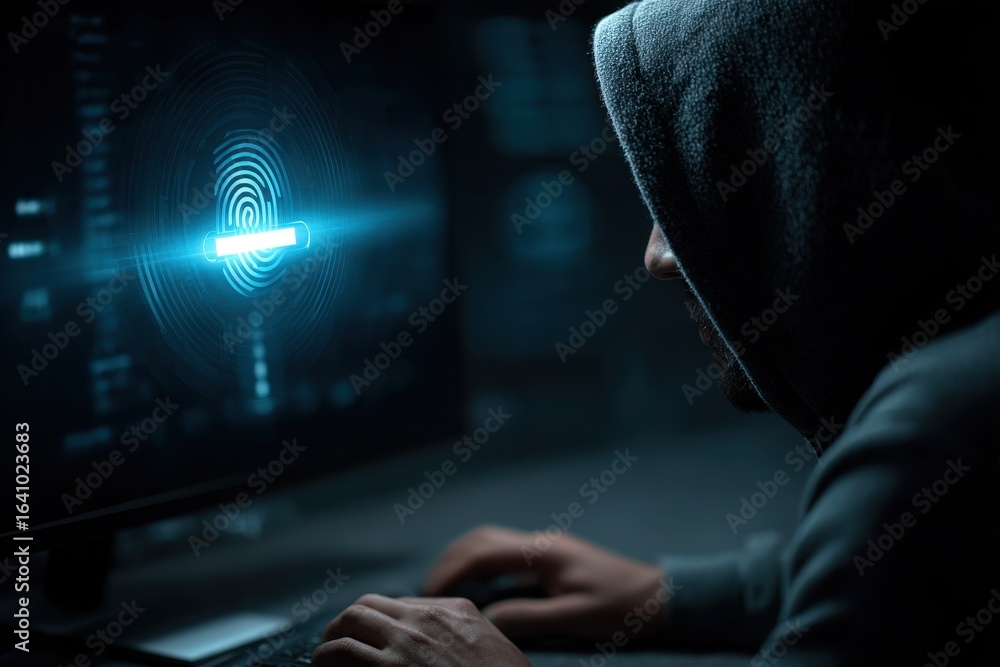 Poster a hooded hacker engaged in a digital security breach with biometric authentication.