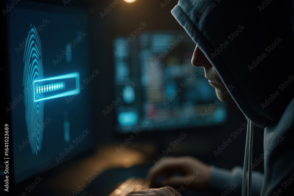 Poster hooded figure typing, digital fingerprint and password computer screen.