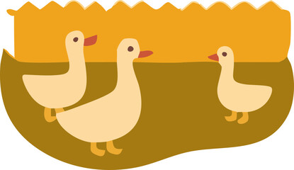 The image is a simple flat-style illustration of three beige ducks with orange beaks and feet standing on brown ground with a golden-yellow background.
