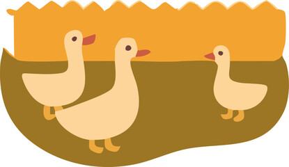 The image is a simple flat-style illustration of three beige ducks with orange beaks and feet standing on brown ground with a golden-yellow background.