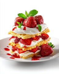plated strawberry shortcake with whipped cream and fresh berries, bakery dessert isolated on white