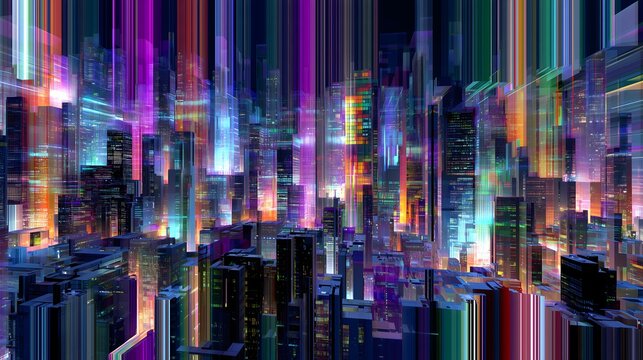 Abstract futuristic city grid with glitch distortion and neon edges - Powered by Adobe