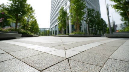 Modern Urban Landscape with Geometric Pavement, Green Trees and Contemporary Architecture Facade