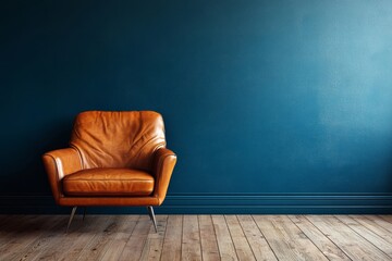 Modern living room with a leather armchair on wood flooring, complemented by a dark blue wall, offering a sophisticated and contemporary atmosphere, Generative AI