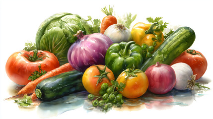 Watercolor illustration of assorted vegetables in white background