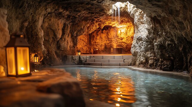 Relaxing Indoor Hot Spring in Rocky Cave with Lanterns