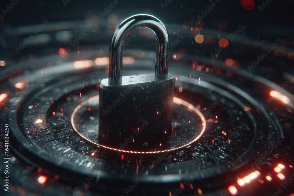 Poster cybersecurity concept: a digital padlock on a glowing circuit board protecting data.